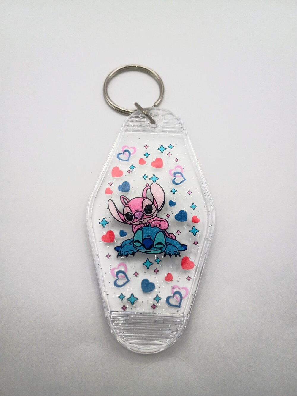 Cute Alien Couple Clear Glitter Keychain - Pink & Blue Hearts
